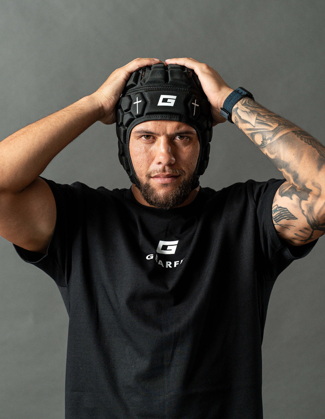 GearFit Legacy rugby headgear in black with cross design