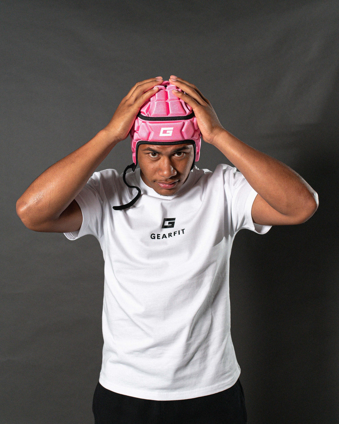 GearFit Rosé rugby headgear in pink, lifestyle photo