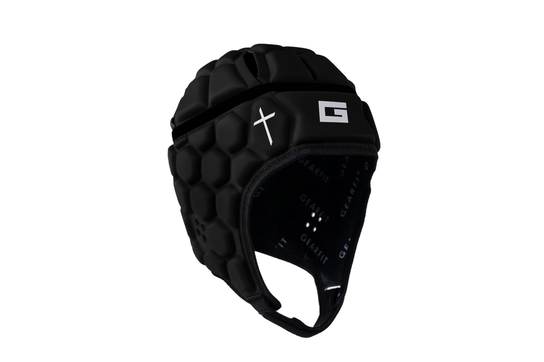 GearFit Legacy rugby headgear in black with cross design, studio product photo