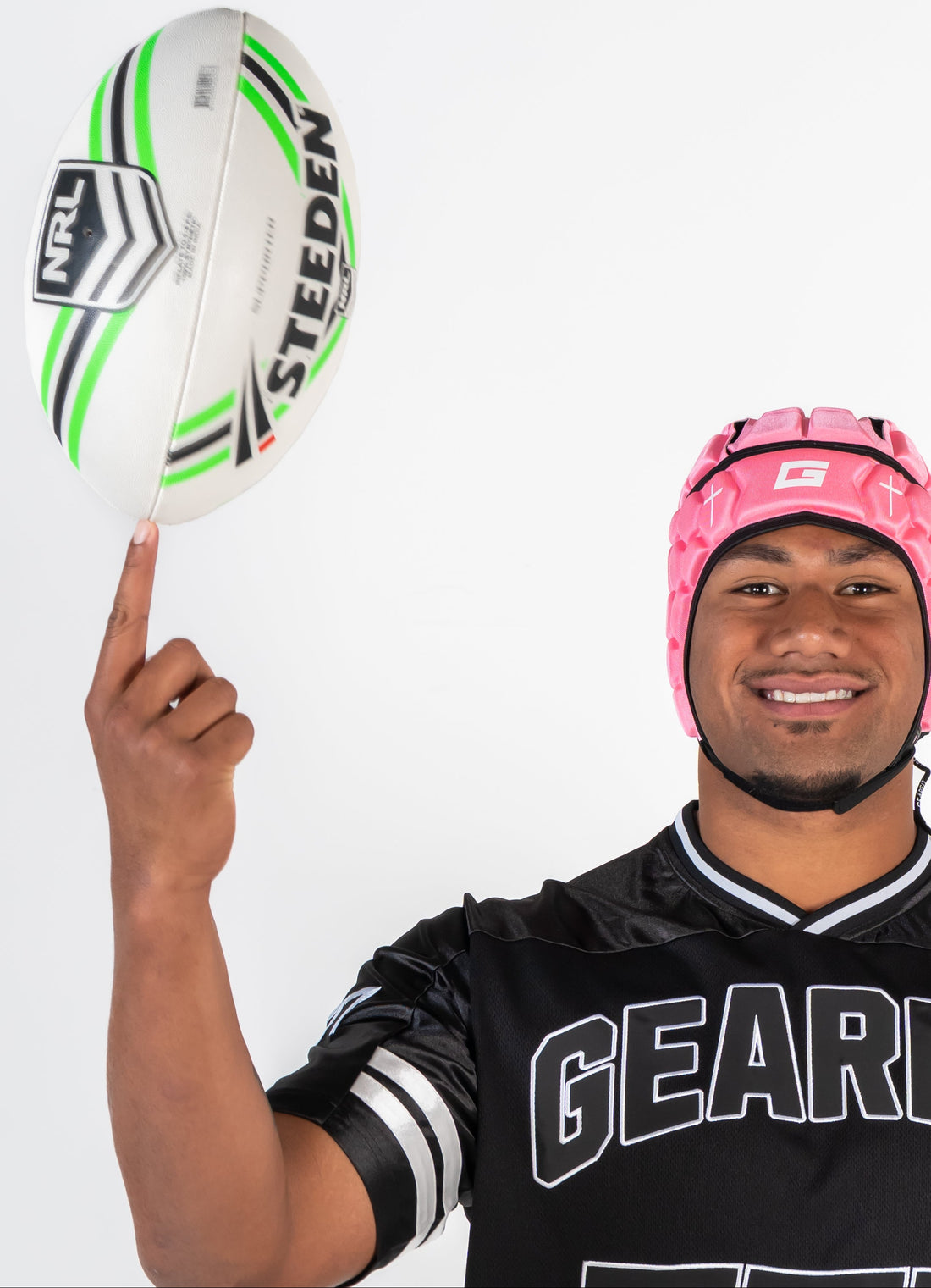 GearFit Virtue rugby headgear in pink and black with cross design