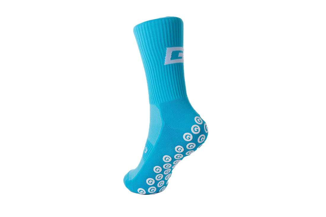 GearFit Aqua grip socks in bright blue, back view