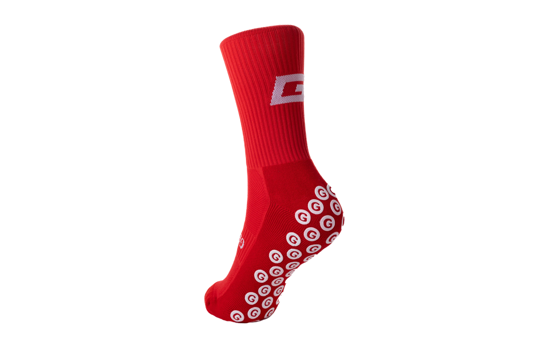 GearFit Fury grip socks in bold red, back view