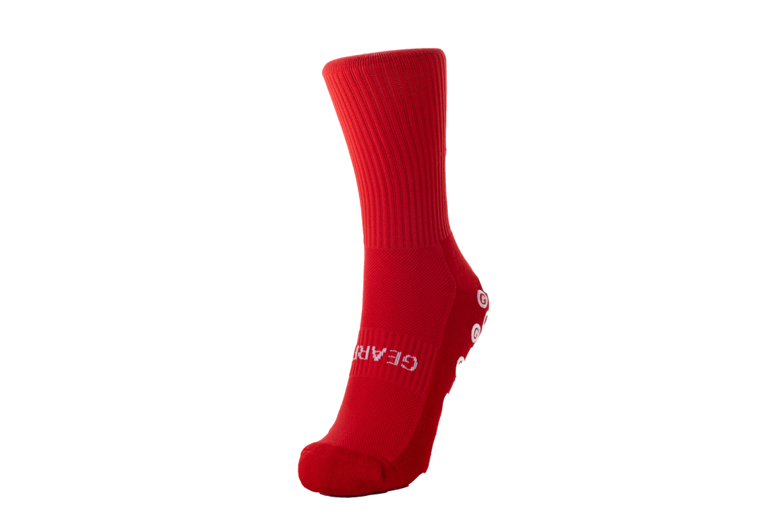 GearFit Fury grip socks in bold red, front view