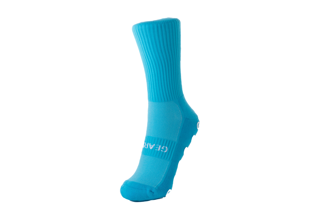 GearFit Aqua grip socks in bright blue, front view