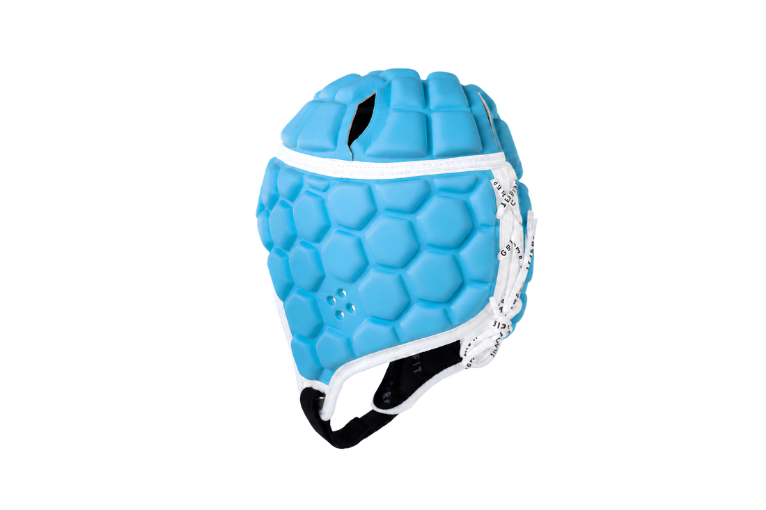 GearFit Aqua rugby headgear in bright blue, alternate view