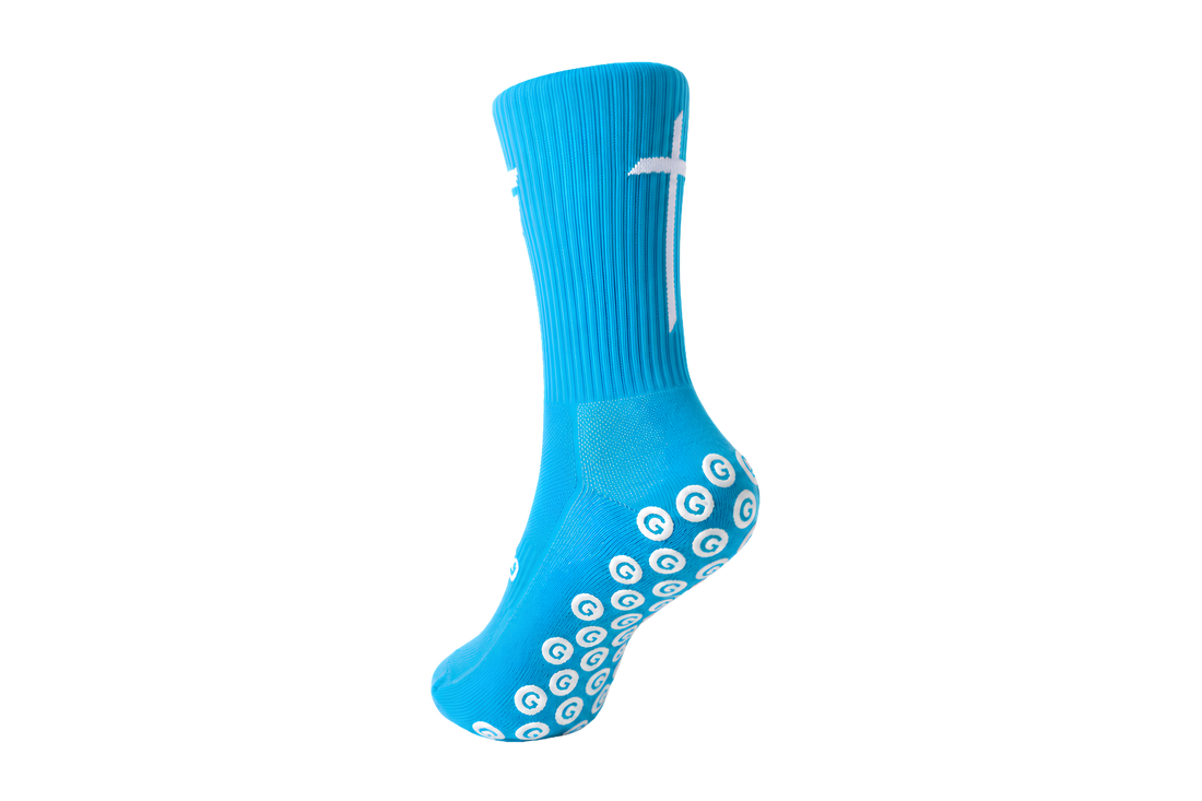 GearFit Titan grip socks in blue and black with cross design