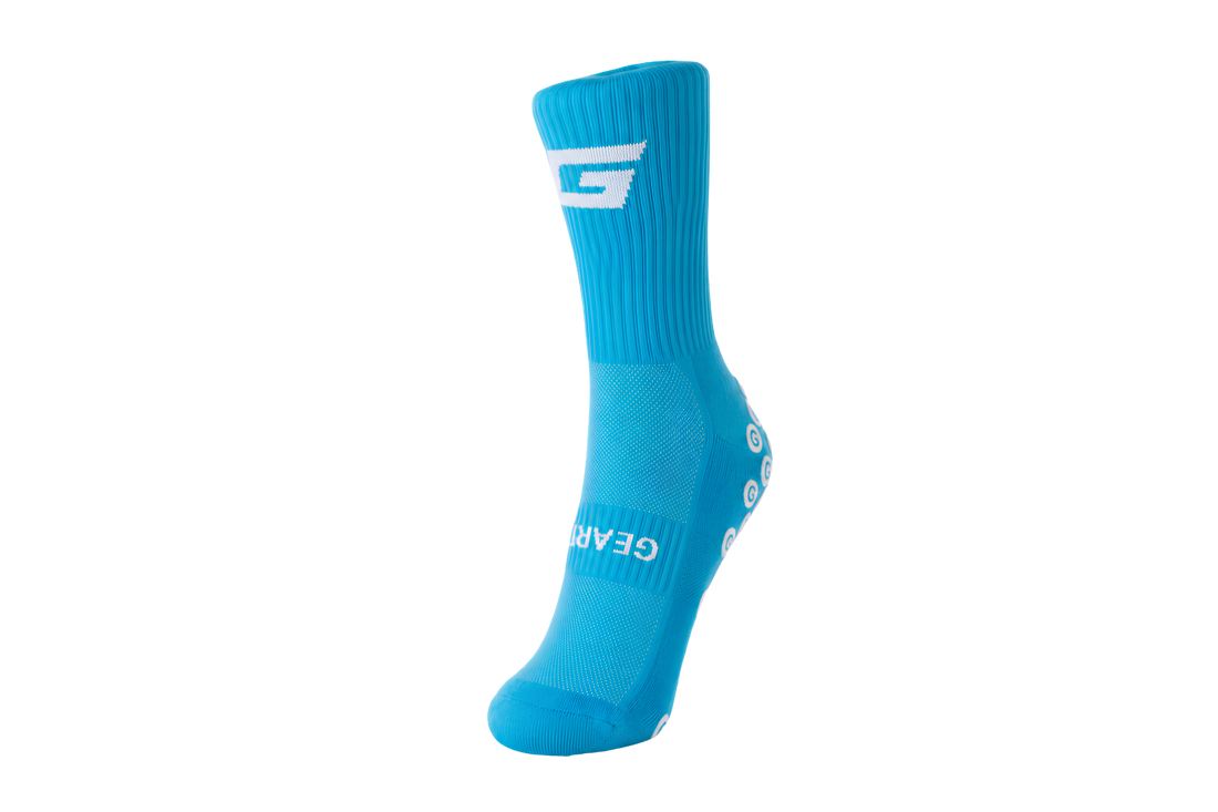 GearFit Titan grip socks in blue and black with cross design, alternate view