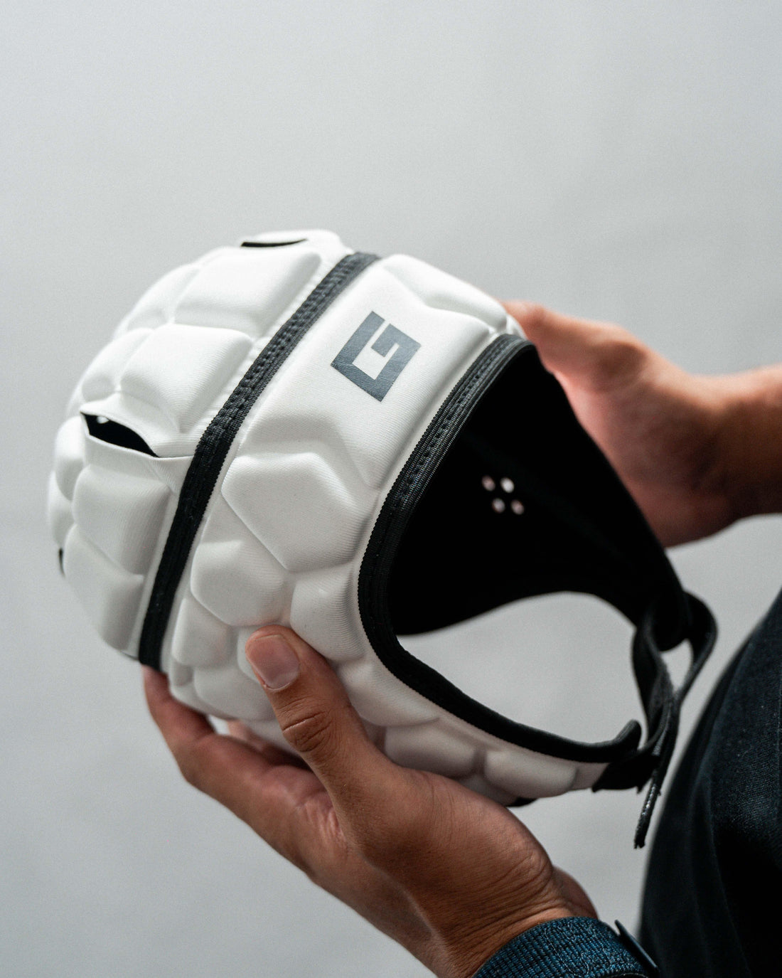 GearFit Halo rugby headgear in white, lifestyle photo