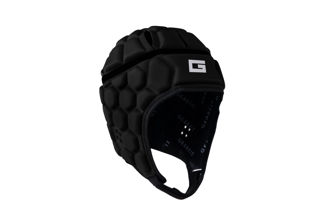 GearFit Eclipse rugby headgear in all black, studio product photo