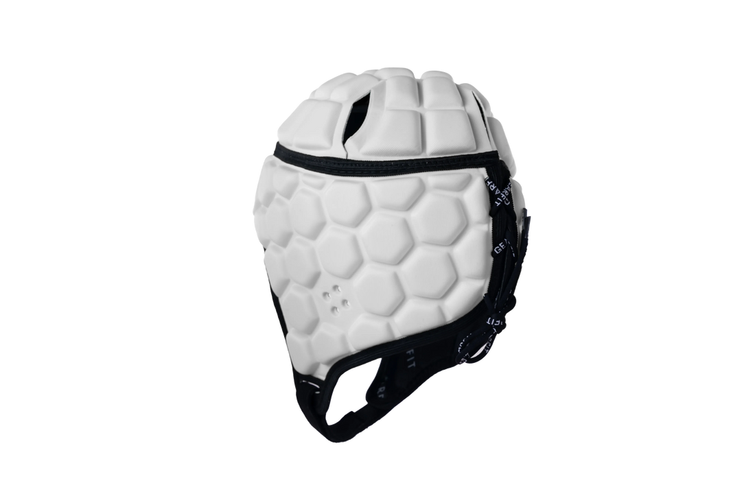 GearFit Invictus rugby headgear in white with black cross design, alternate studio view