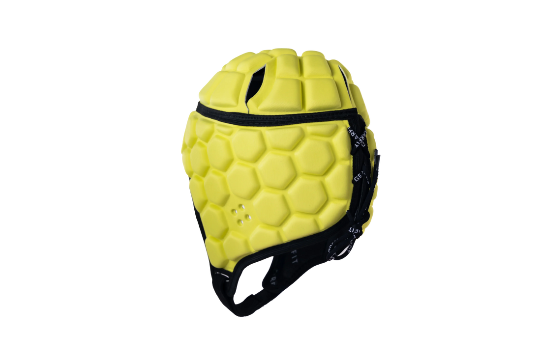 GearFit rugby headgear in bright yellow, side view