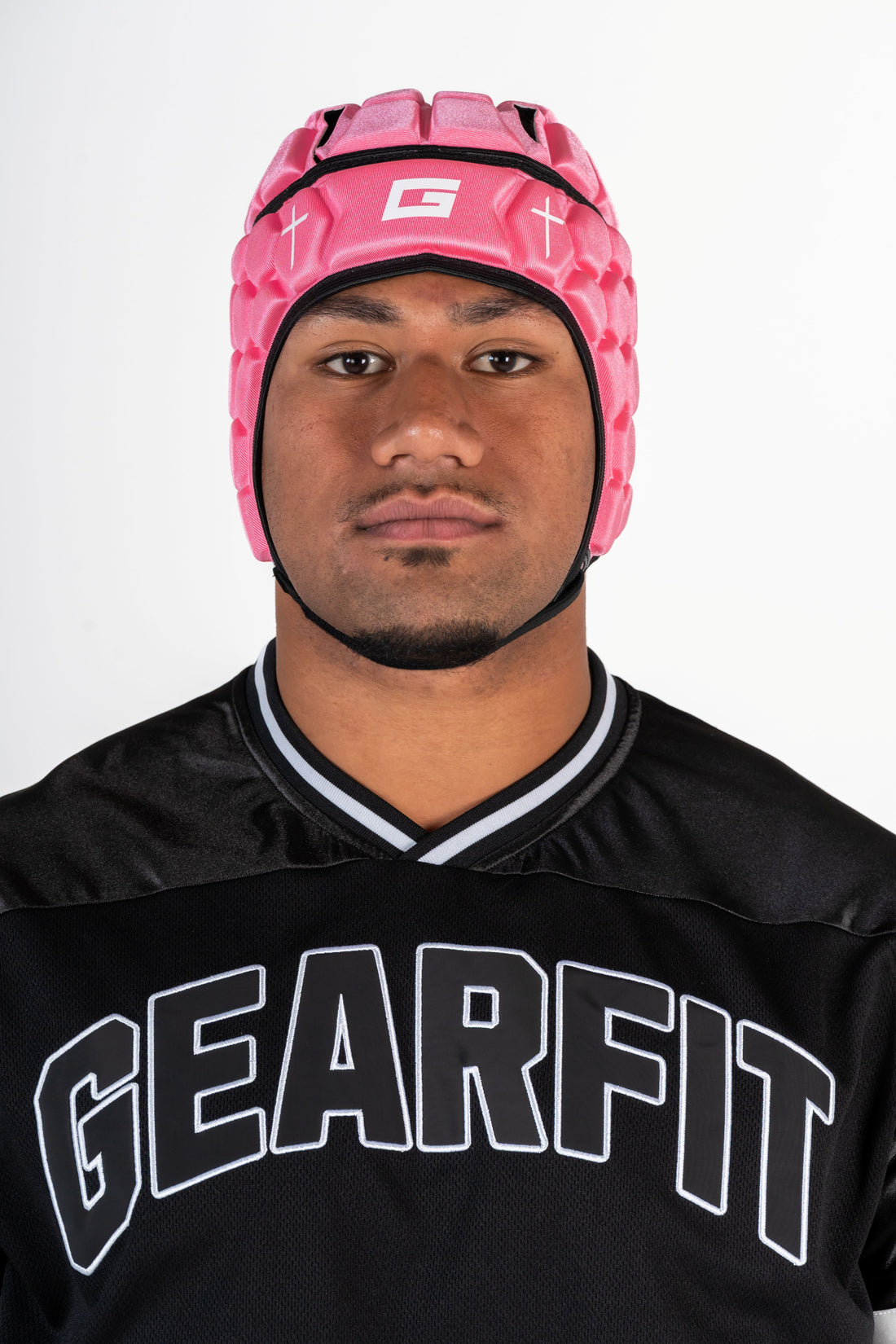 GearFit Virtue rugby headgear in pink and black with cross design
