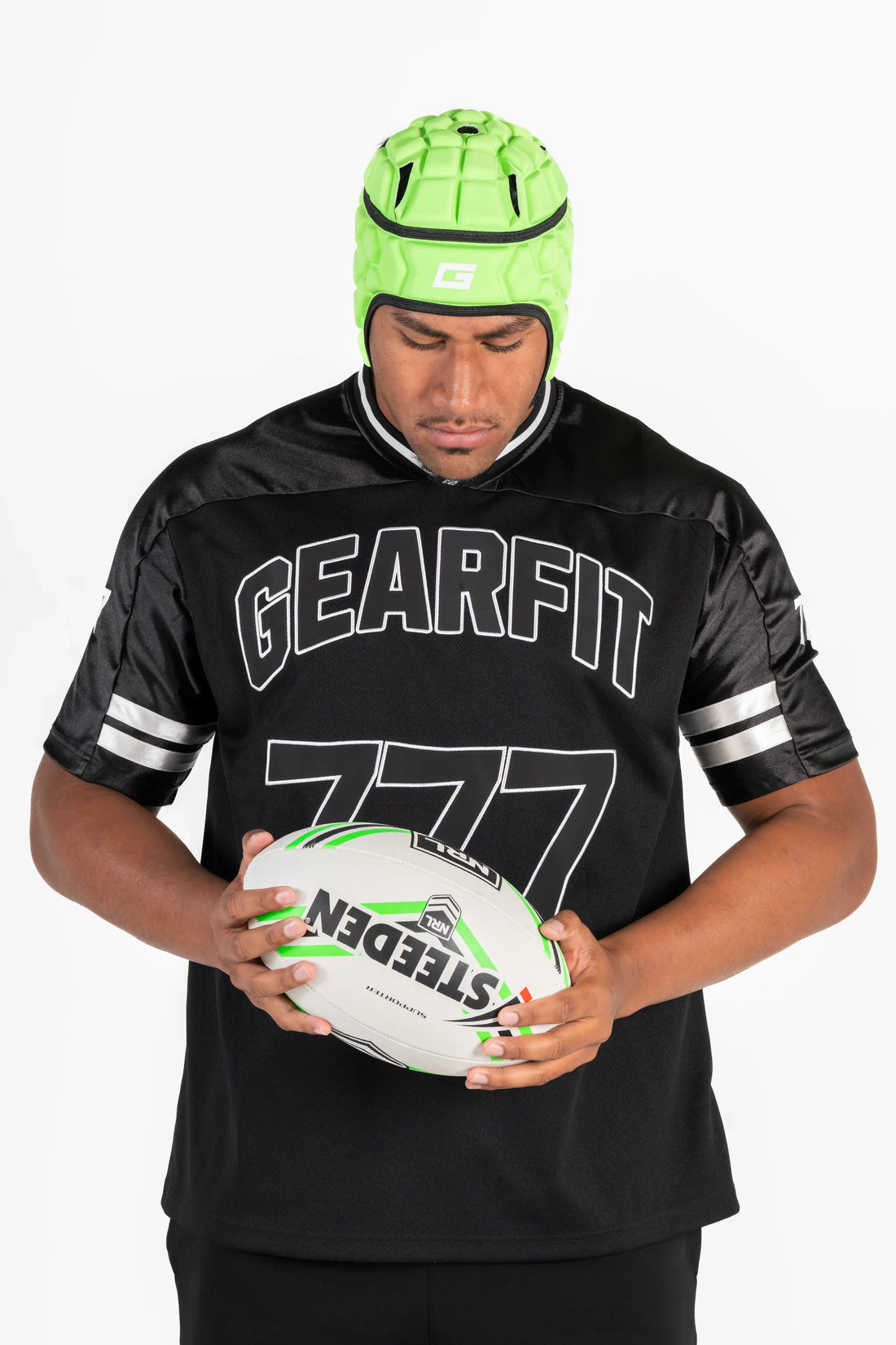 GearFit Lime rugby headgear in lime green, lifestyle photo