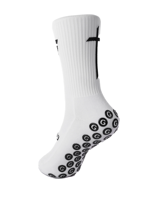 GearFit Invictus grip socks in white with black cross design, back view