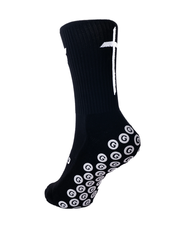 GearFit Legacy grip socks in black with cross design, back view