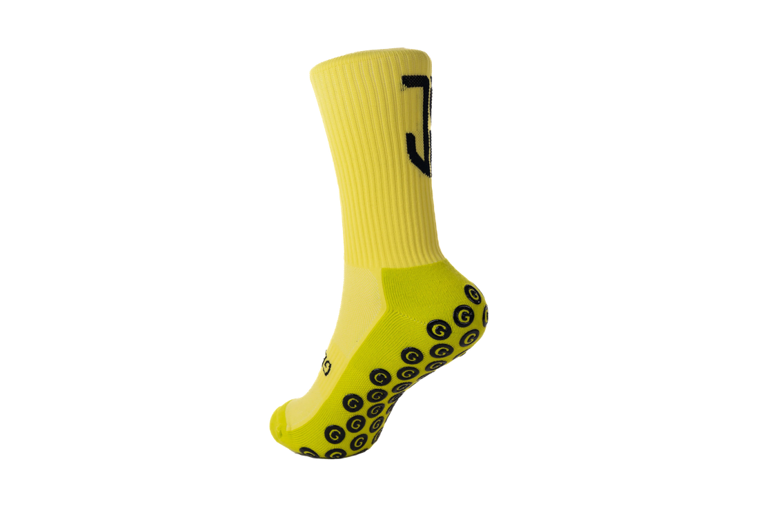 GearFit Jason Saab signature grip socks in yellow, back view