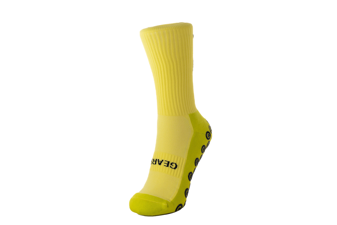 GearFit Jason Saab signature grip socks in yellow, front view
