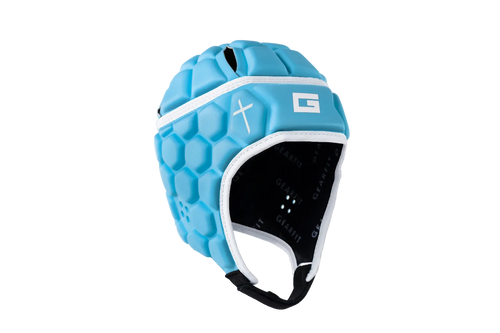 GearFit Titan rugby headgear in blue and black with cross design