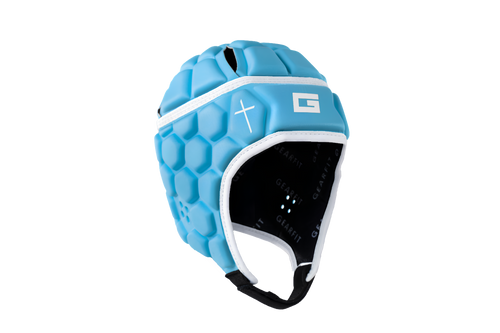 GearFit Titan rugby headgear in blue and black with cross design