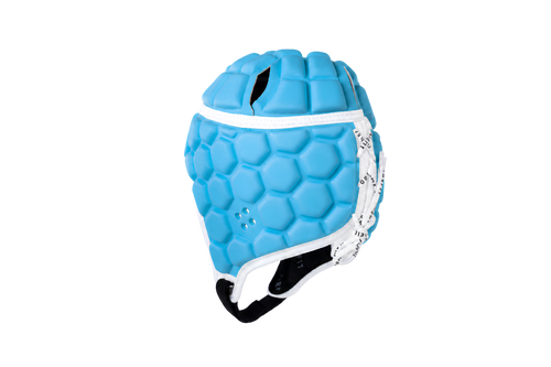 GearFit Titan rugby headgear in blue and black with cross design, alternate view