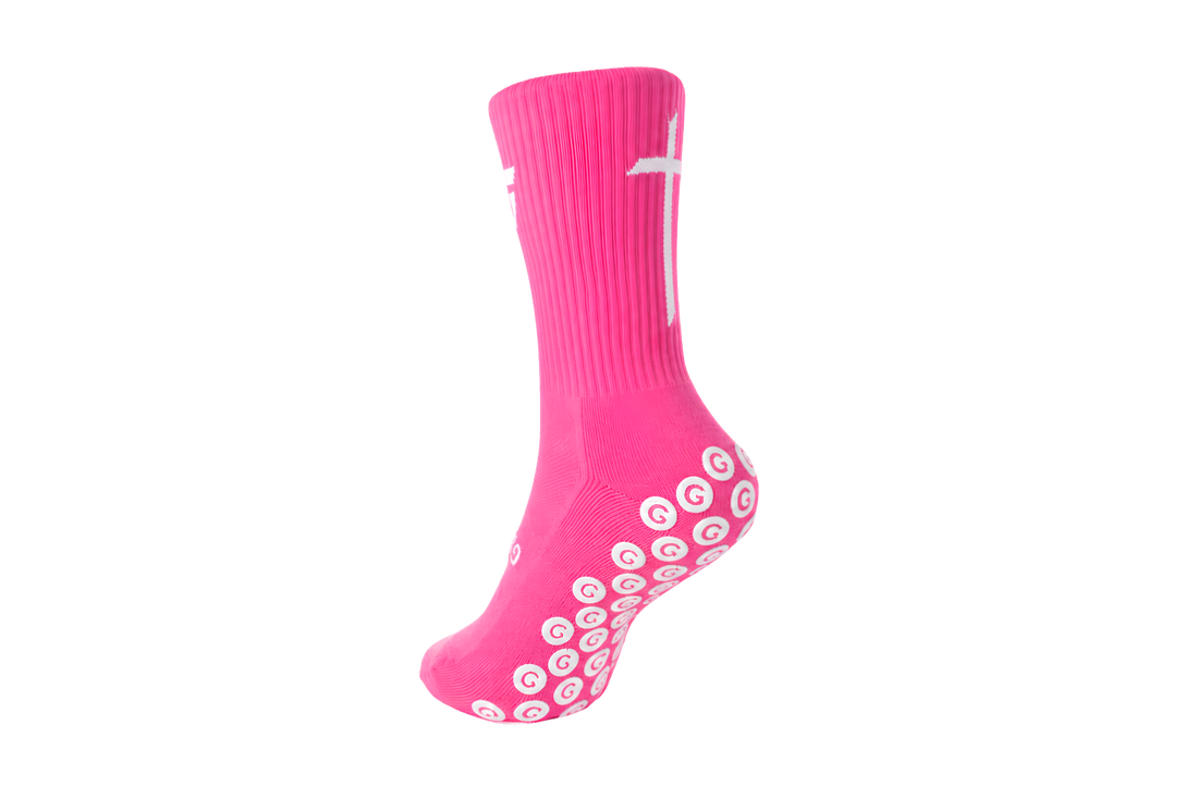 GearFit Virtue grip socks in pink and black with cross design