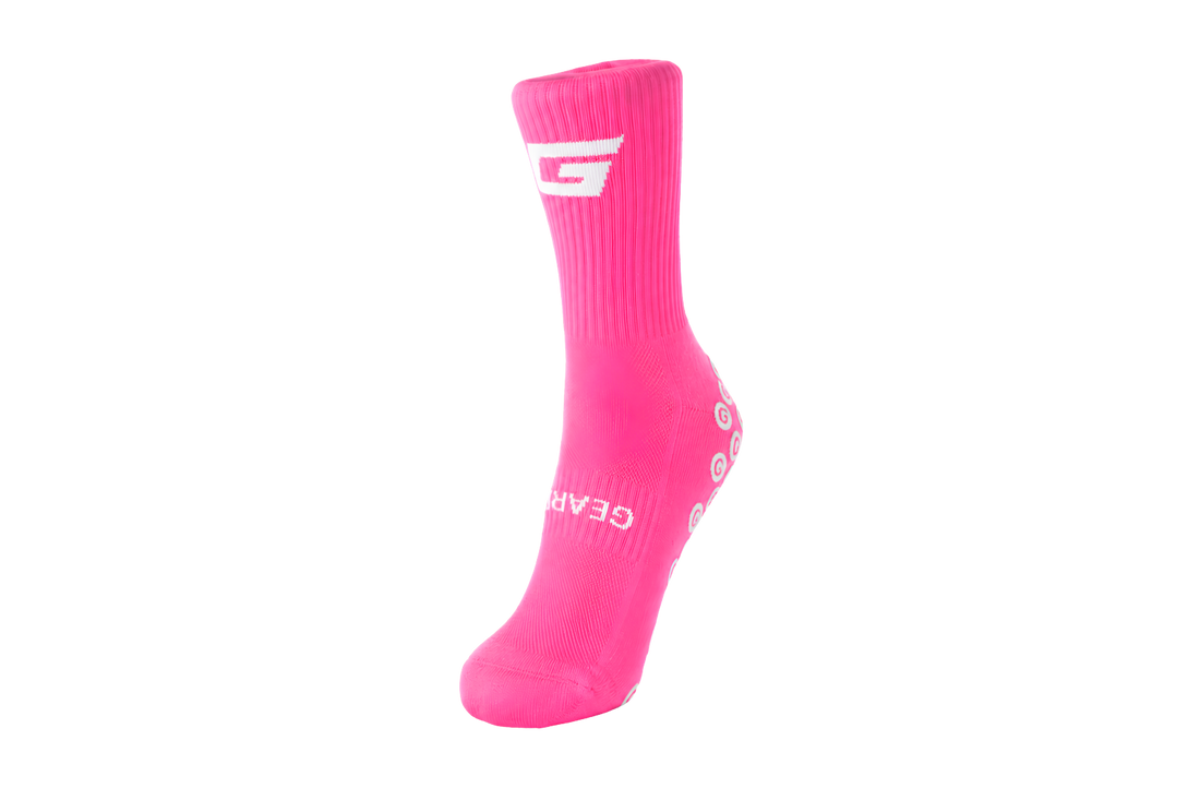 GearFit Virtue grip socks in pink and black with cross design, alternate view